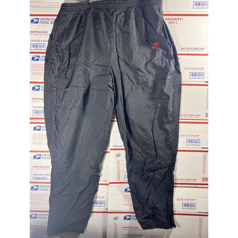 Vintage Nike Track Pants Black with Red Logo Nylon Zip Ankle Y2K L 90s 80s - Picture 2 of 5